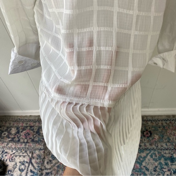 Desigual White Windowpane Ruffle Hem Side Cutout Tunic Top Semi Sheer Sz S - Picture 10 of 16